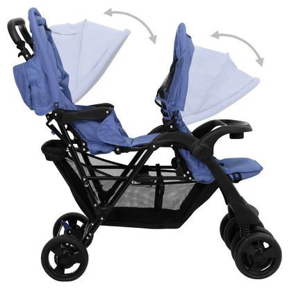 Tandem Kinderwagen – Tweelingwagen – Dubbele Kinderwagen – Duo Buggy – Tweekinderwagen – Staal en Linnen – Verstelbare Zonnekap – Ruime Ondermand – Marineblauw