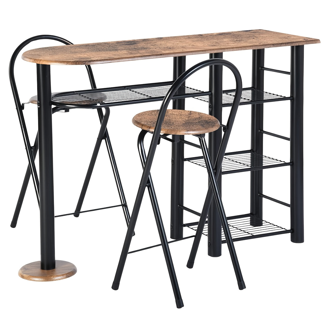 Eettafel – Tafel – Keukentafel – Eethoek – Kloostertafel – Industrieel Design – Massief Hout Met Opbergruimte – Inklapbare Krukjes – Bruin