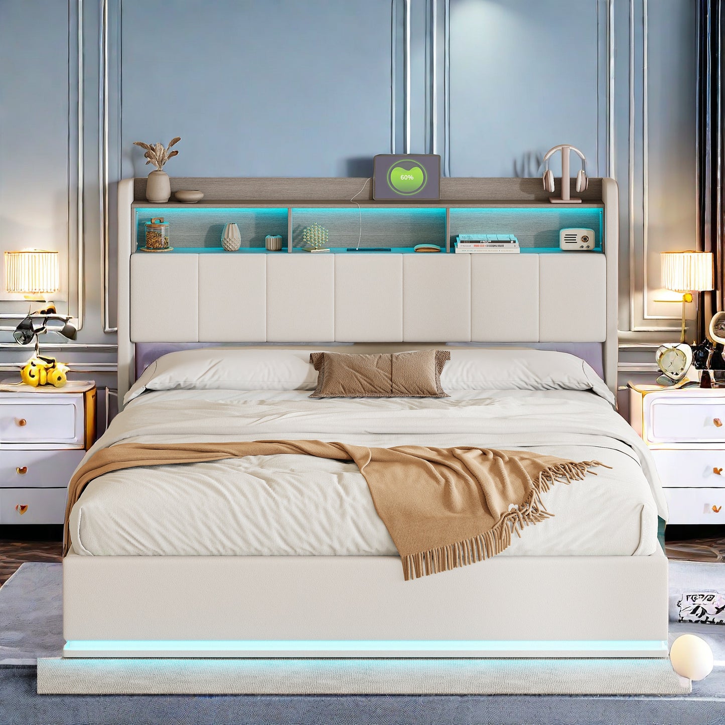 Tweepersoonsbed – Opbergbed – Slaapbank – Bedframe – Fluwelen Bed – 160x200 cm – LED-verlichting & USB-poorten – Met Opberglades