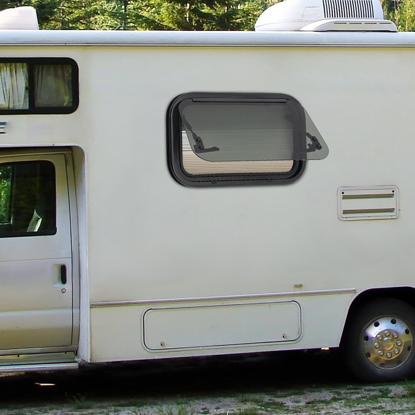 Caravanraam – Camperraam – Schuifraam – Uitzetraam – Zijraam – Aluminium Frame – Zwart Gehard Glas – 500x300mm – Inclusief Hor en Zonwering