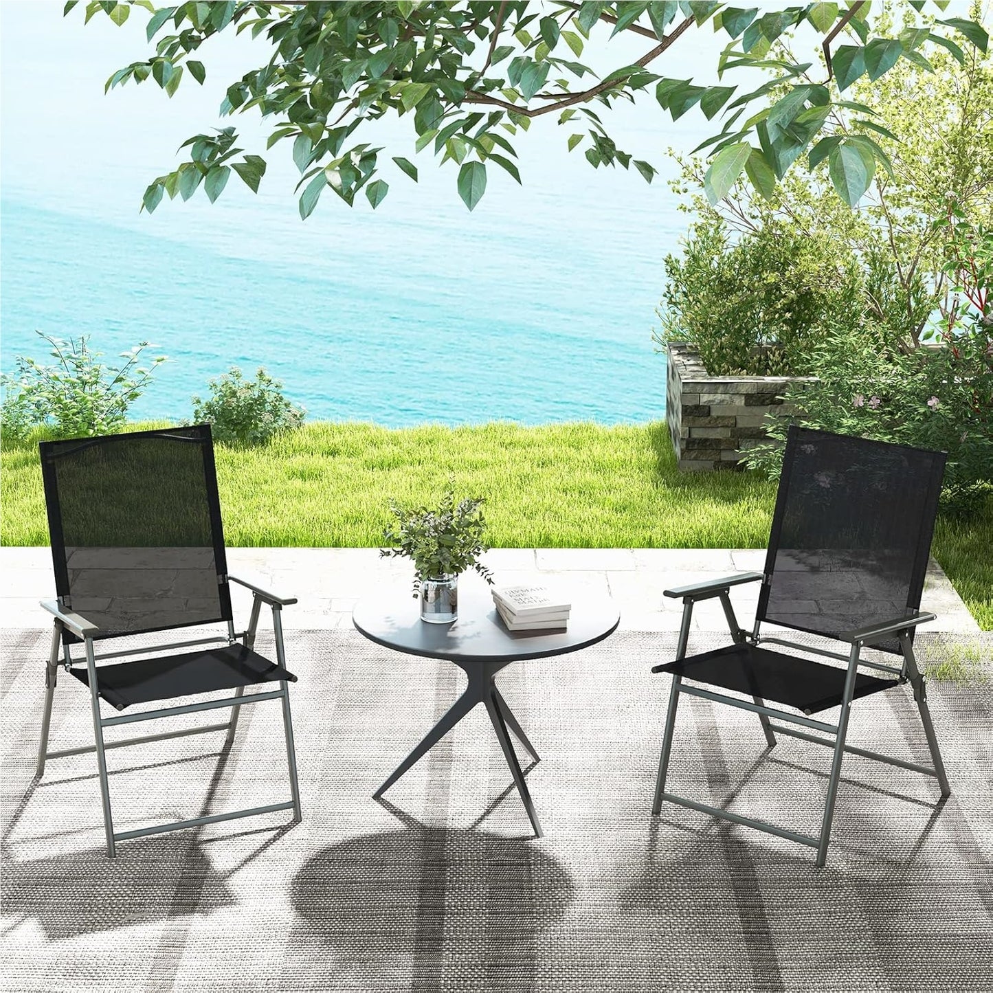 Tuinstoelen – Balkonstoelen – Terrasstoelen – Klapstoelen – Loungestoelen – Weerbestendig Stof – Maximaal 150 kg Draaggewicht – Set van 4 Zwarte Stoelen