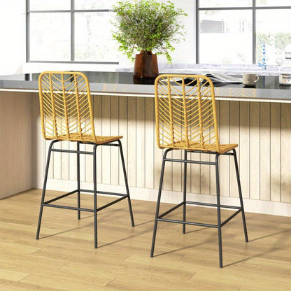 Bohemian Barkruk – Barstoel – Barkrukje – Hoekstoel – Hoge Kruk – Gele Rugleuning – PE Rotan Vlechtwerk – Zwart Metalen Frame – Weerbestendig – Comfortabel