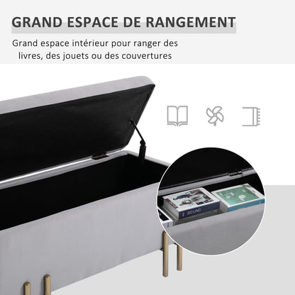 Opbergbank – Zitbank – Halbank – Opbergkist – Opbergbox – Lichtgrijs Fluweel – 100x40x42 cm – Met Ruime Opbergruimte – Gouden Metalen Pootjes