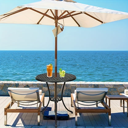 Buitentafel Rond – Bistrotafel – Tuin tafel – Balkon tafel – Terras tafel – Zwart – 60,96 cm Met Parasolgat – Gietaluminium Met Wicker Tafelblad – Weerbestendig En Stevig