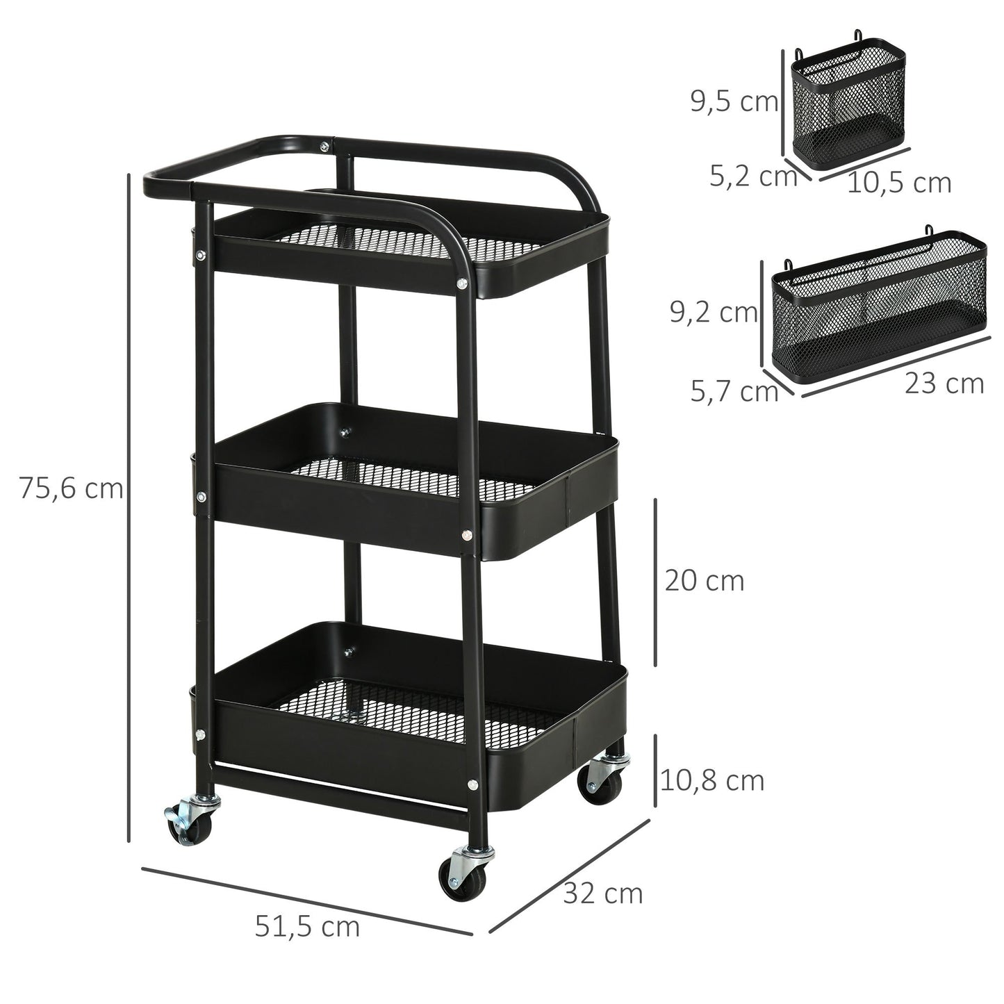 Keukentrolley – Keukenwagen – Serveerwagen – Opbergtrolley – Rolwagen – Met Handdoekhouder – 3 Ruime Mandjes – Stalen Frame Zwart