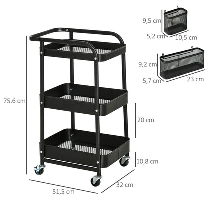 Keukentrolley – Keukenwagen – Serveerwagen – Opbergtrolley – Rolwagen – Met Handdoekhouder – 3 Ruime Mandjes – Stalen Frame Zwart