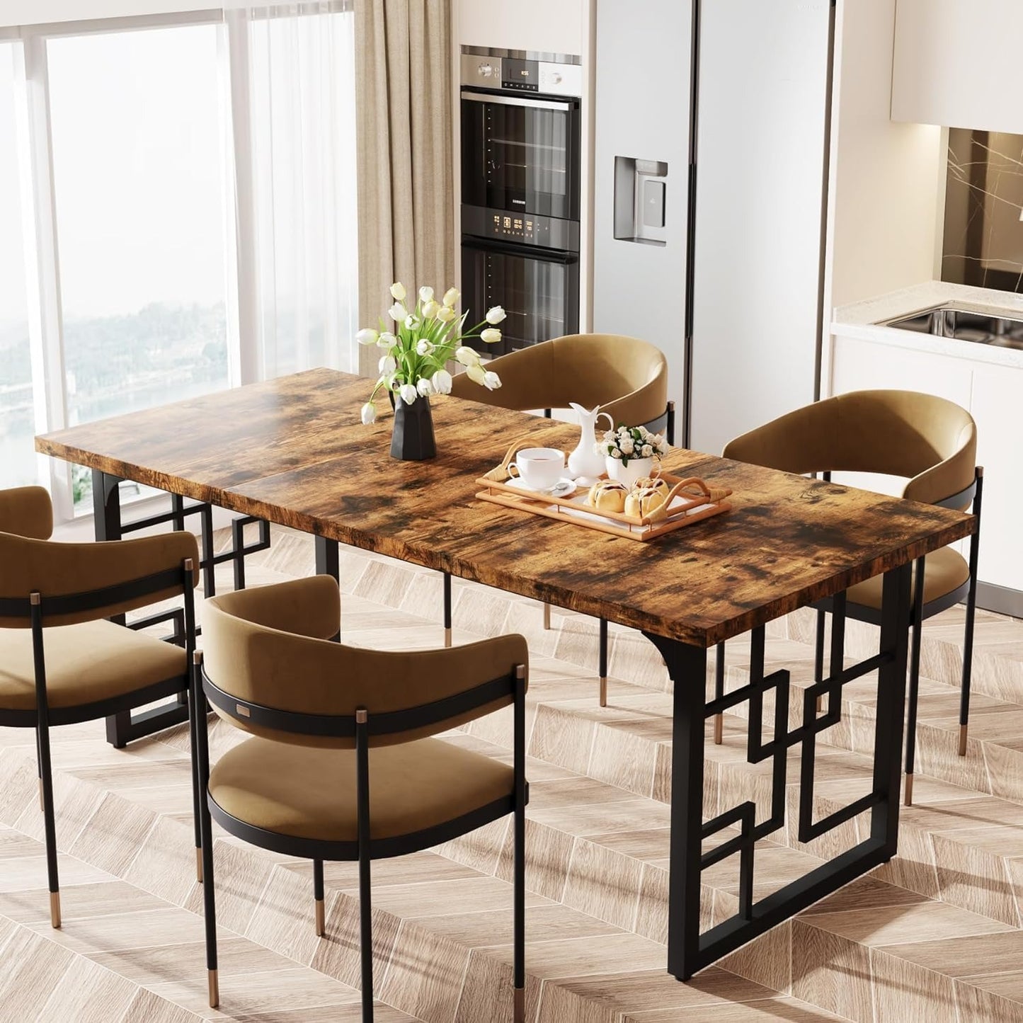 Eettafel – Tafel – Keukentafel – Eetkamertafel – Industriële Tafel – Voor 6 Personen – Robust Metaal & MDF – Industriële Rustiek Bruin