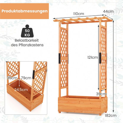 Houten Plantenbak – Verhoogde Tuinbak – Bloembak – Kruidenbak – Klimplantenbak – Met Klimhulp en Hangdak – Stevig Dennenhout – Waterafstotend Oranje 110x44x182 cm