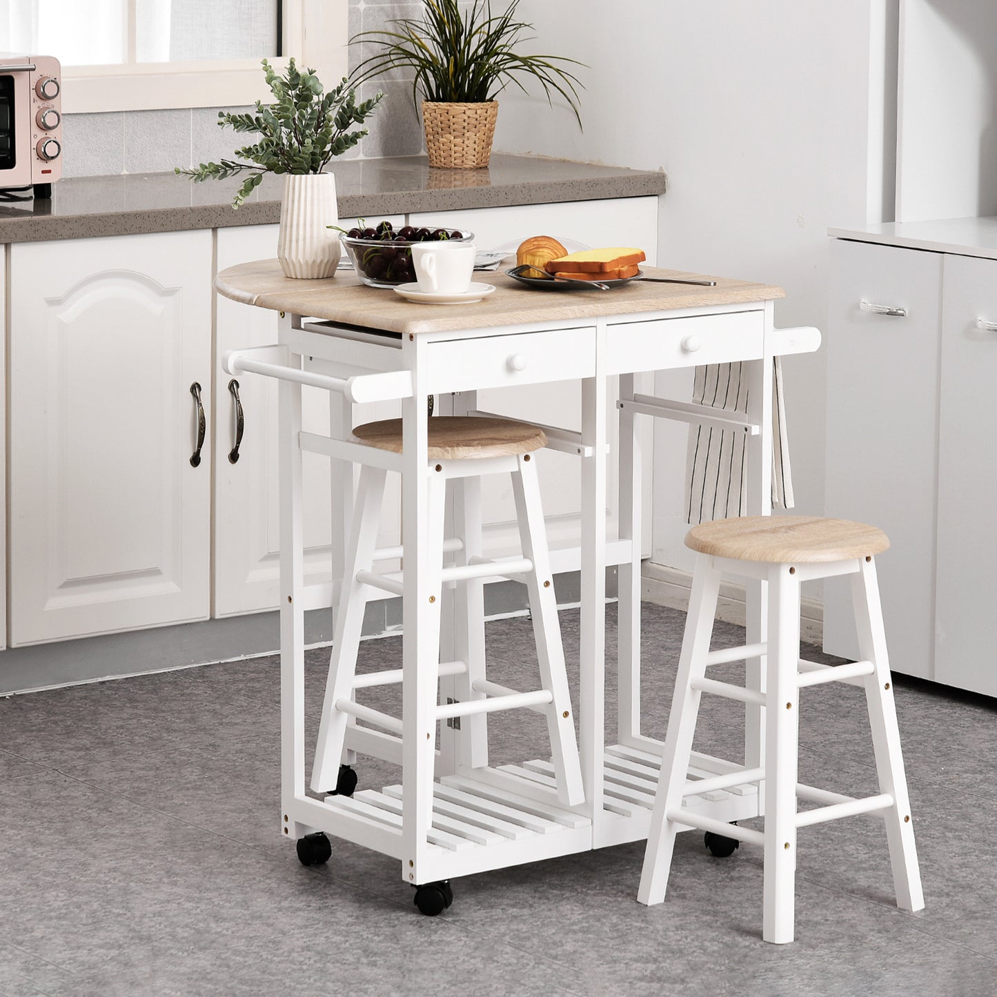 Bar Tafel Set – Barkrukset – Serveertafel – Bar Meubel – Keukentafel – Met Wielen En Opbergruimte – Pine MDF Wit Eiken – Compact En Mobiel