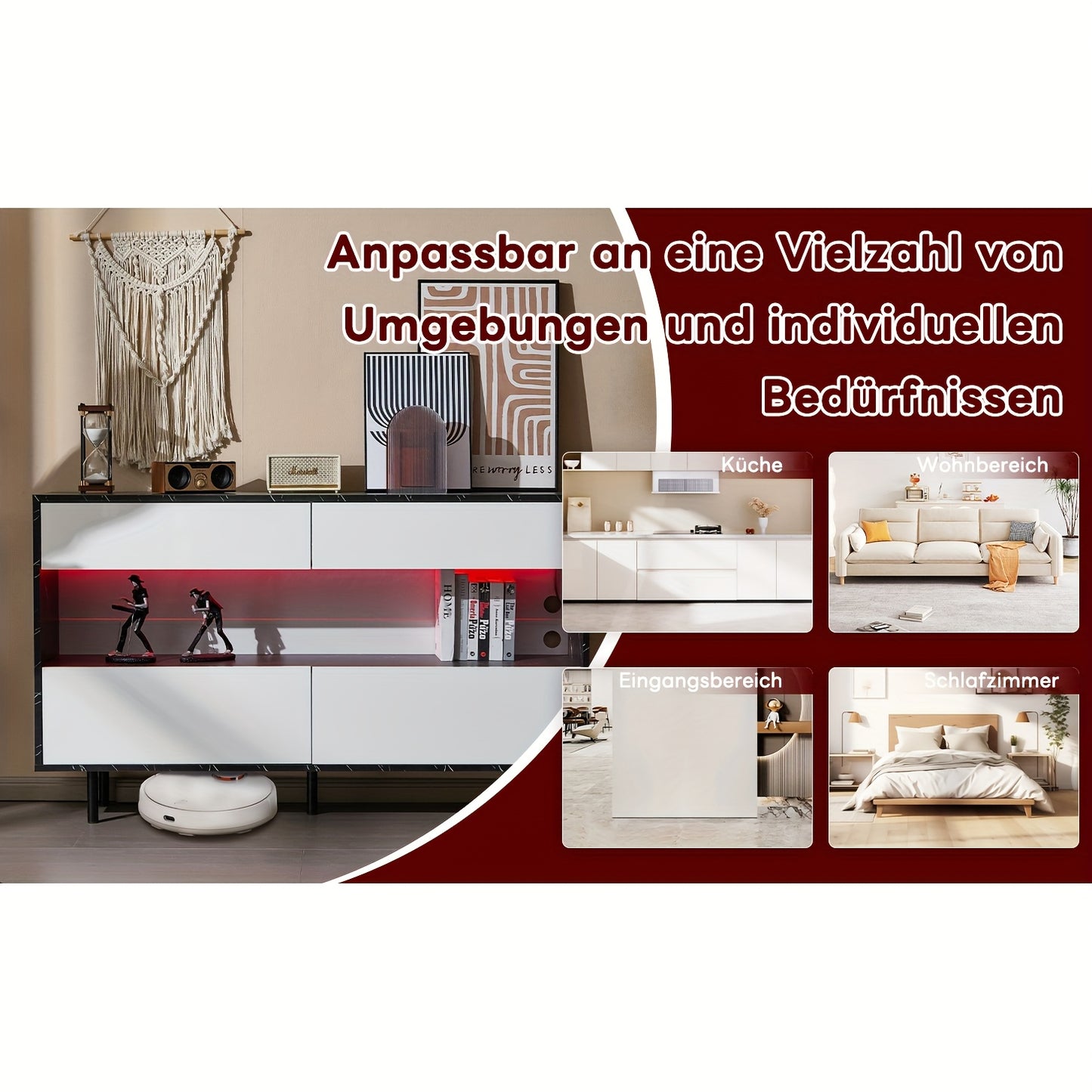 Sideboard – Dressoir – Opberger – Kast – Meubel – Zwart Marmerdesign – 4 Lades – Metalen Frame