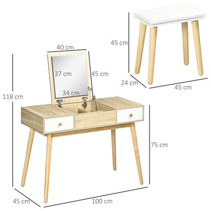 Make-up Kaptafel – Make-up Tafel – Schoonheidstafel – Cosmeticatafel – Kaptafel Met Kruk – Scandinavisch Design – Opklapbare Spiegel – 2 Laden – Natuurlijk Houtlook – 100x45x118 cm