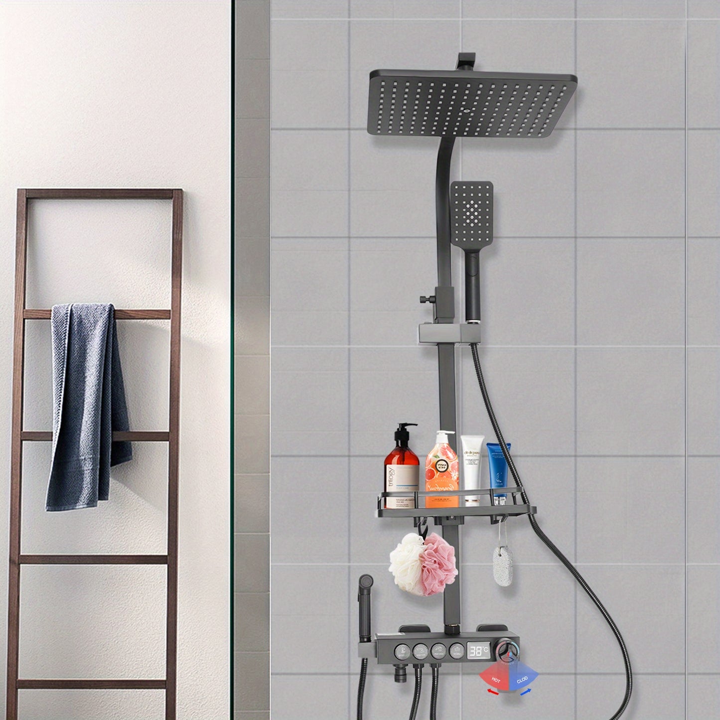 Thermostatisch Douchesysteem – Douche Set – Handdouche – Douchekop – Douchekraan – Zwart Design – Thermostatische Mengkraan – Verstelbare Hoogte 85-120 cm