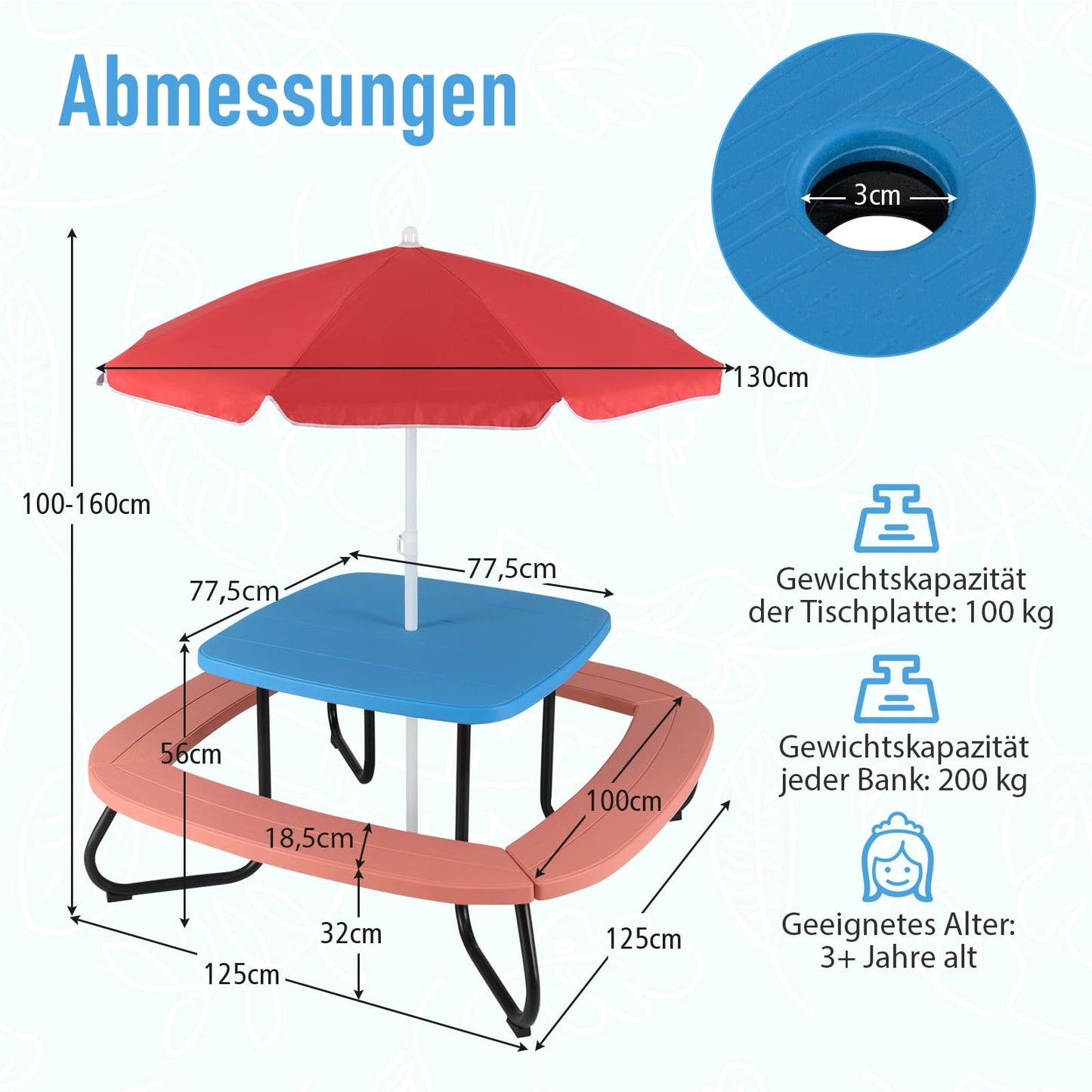 Speelset – Kindertuinset – Picknicktafel – Buitenspeelset – Kinderzitgroep – Voor 8 Kinderen – Verstelbare Parasol – Weerbestendig HDPE Materiaal