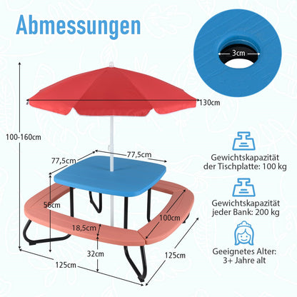 Speelset – Kindertuinset – Picknicktafel – Buitenspeelset – Kinderzitgroep – Voor 8 Kinderen – Verstelbare Parasol – Weerbestendig HDPE Materiaal