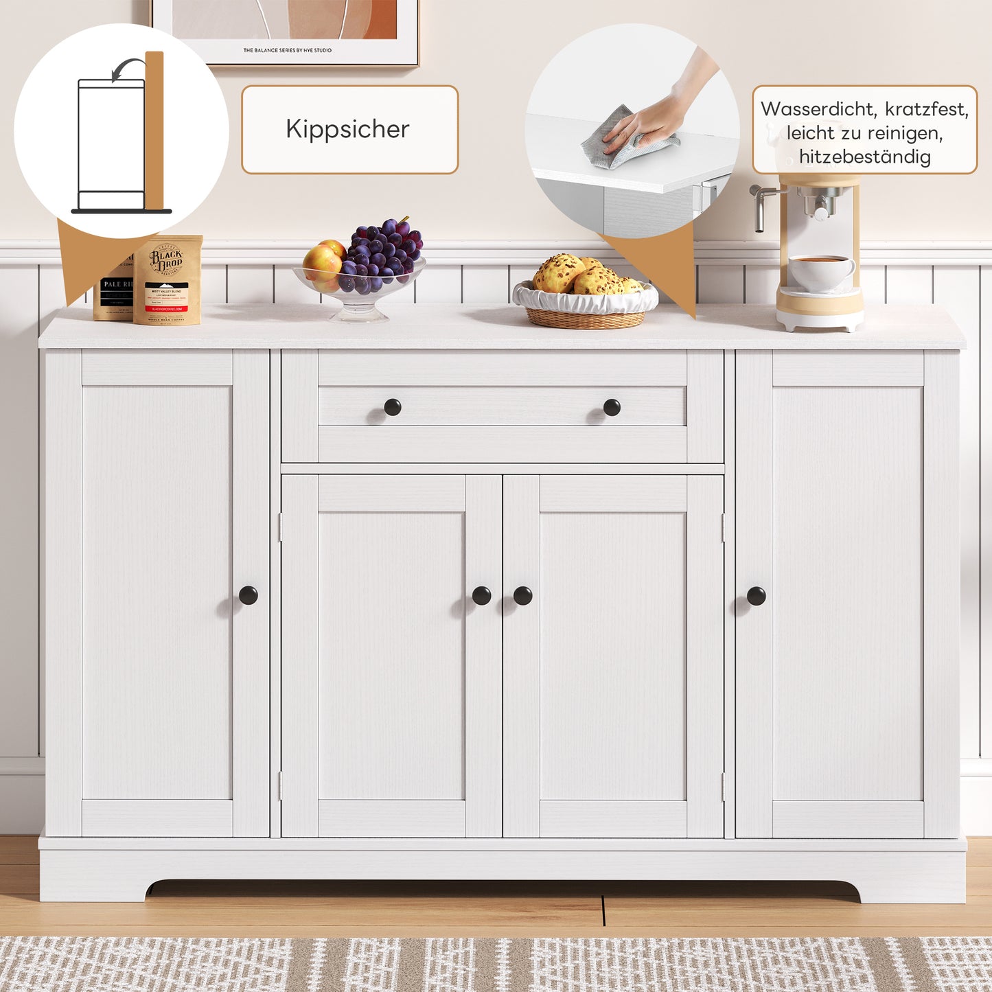Buffetkast – Opbergkast – Dressoir – Keukenkast – Kast Met Lade – 138 Cm Breed – Kantelbeveiliging – Verstelbare Planken – Wit