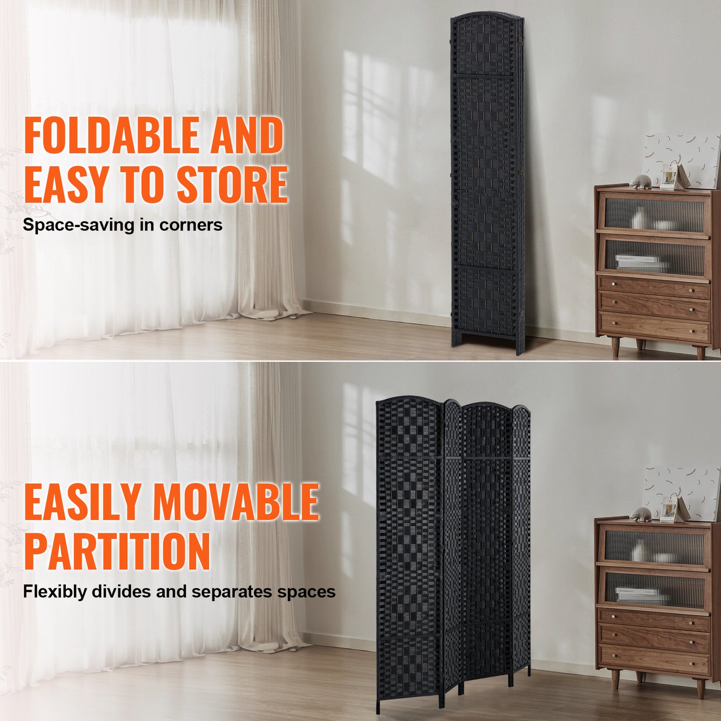 Kamerscherm – Room Divider – Scheidingswand – Paravent – Privacy Scherm – 4 Panelen – Handgeweven Rattan Papier – Paulownia Hout – 360° Draaibare Scharnieren – Zwart