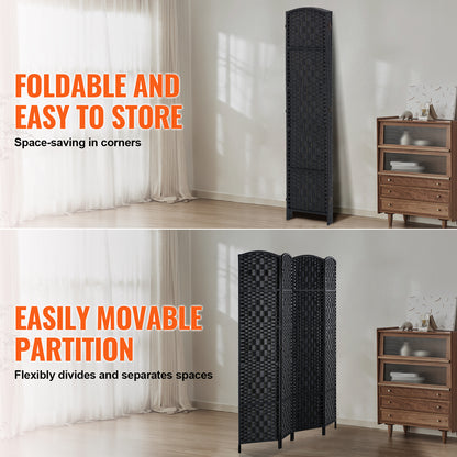 Kamerscherm – Room Divider – Scheidingswand – Paravent – Privacy Scherm – 4 Panelen – Handgeweven Rattan Papier – Paulownia Hout – 360° Draaibare Scharnieren – Zwart