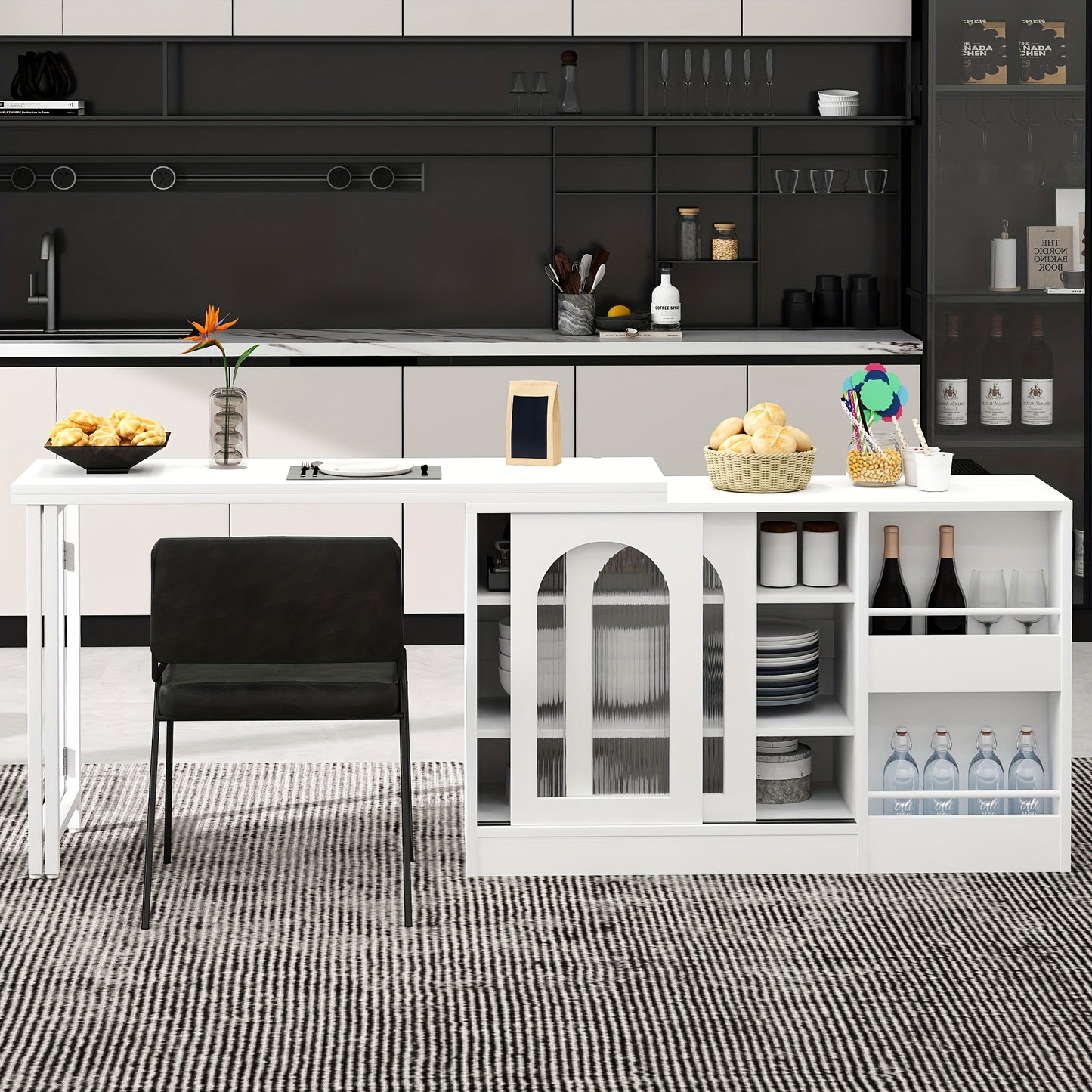 Uitschuifbare Bar-/Keukentafel – Bartafel – Keukentafel – Eettafel – Draaibare Tafel – Zwart – 360° Draaibare Basis – Bamboe & Glas Opbergruimte