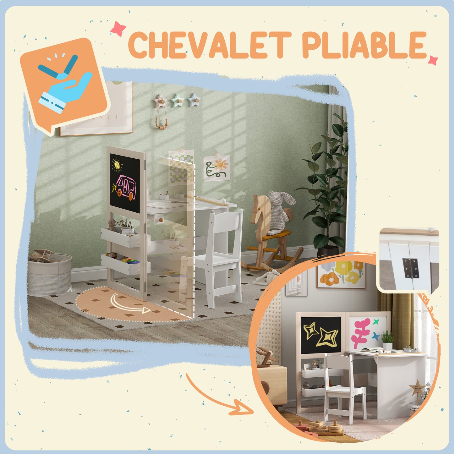 Kinderbureau met Stoel – Kindermeubel – Speeltafel – Tekenbureau – Kindertafel – 3-in-1 Design – Inklapbaar Krijtbord – Ruime Opbergruimte – MDF Wit – Voor 3 tot 8 Jaar