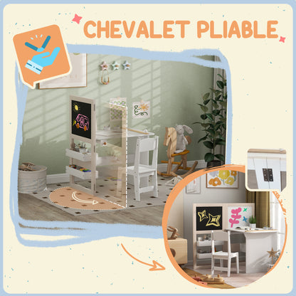 Kinderbureau met Stoel – Kindermeubel – Speeltafel – Tekenbureau – Kindertafel – 3-in-1 Design – Inklapbaar Krijtbord – Ruime Opbergruimte – MDF Wit – Voor 3 tot 8 Jaar
