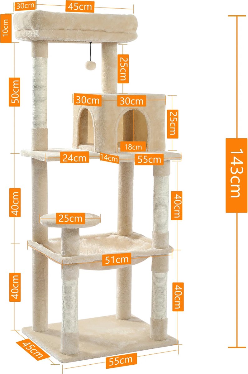 Kattenboom - 5-Level - Grote Hangmat - Sisal Krabpalen - Gezellige Condo - Stevig en Ruim - Geschikt voor Grote Katten