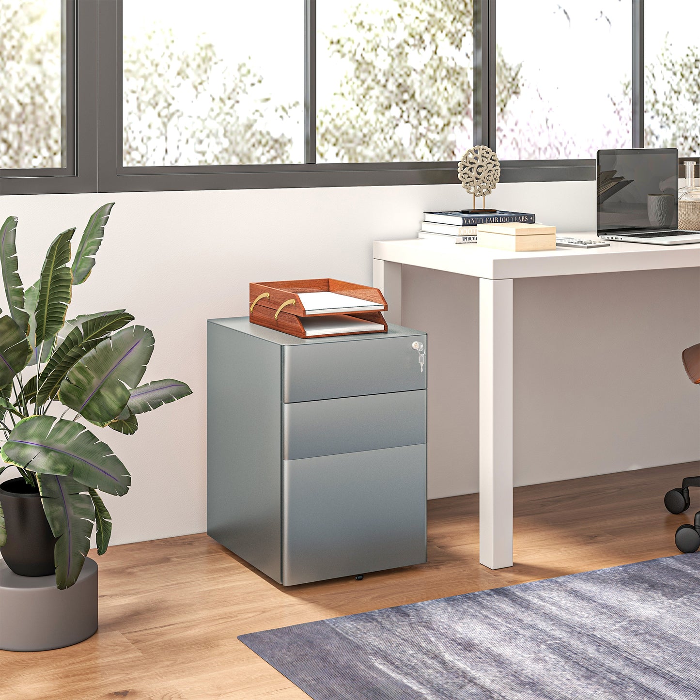 Bureaukastje – Ladeblok – Ladekast – Archiefkast – Opbergkast – Grijs Staal – 3 Lade Met Slot – Compact En Mobiel