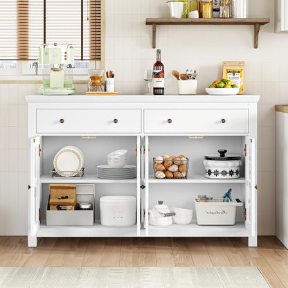 Dressoir – Sideboard – Opbergkast – Buffetkast – Kast – Wit – 140x90,7x40 cm – 2 Lades & 4 Glazen Deuren – Verstelbare Planken – Spaanplaat – Stevig & Ruim