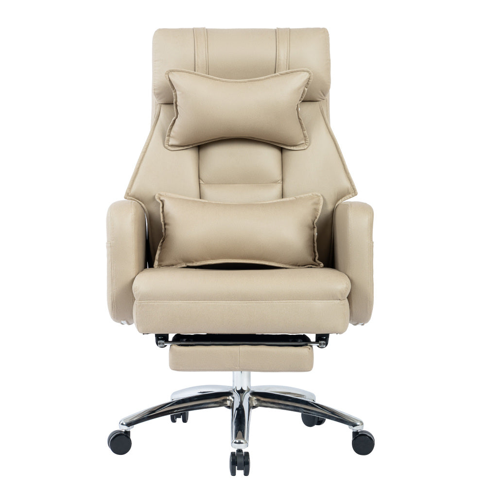 Bureaustoel – Ergonomische Stoel – Office Chair – Draaistoel – Kantoorstoel – Hoge Rugleuning – Lendensteun & Hoofdsteun – 360° Draaibaar – Technisch Leer Beige