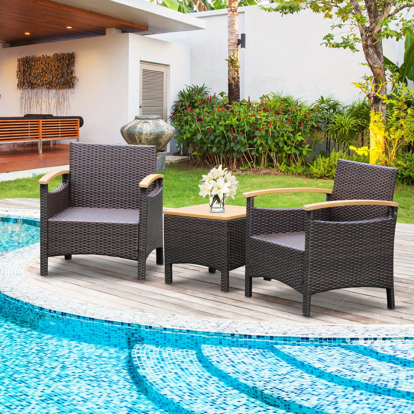 Tuinset – Loungeset – Bistroset – Balkonset – Zitgroep – PE Rattan Weerbestendig – Massief Acaciahouten Tafelblad met Kussens
