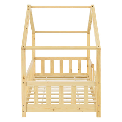 Kinderbed – Kinderbedden – Eenpersoonsbed – Hoogslaper – Stapelbed – Huisvormig Design – Valbeveiliging – Grenenhout – 140x200 cm