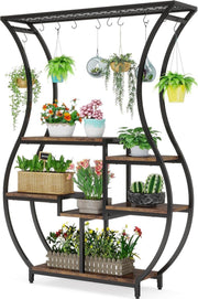 Plantenrek - Plantenstandaard - Plantenrek voor Binnen en Buiten - Plantenrek met 6 Niveaus en 10 S-haken - Rustiek Bruin/Zwart - 120 x 30 x 180 cm