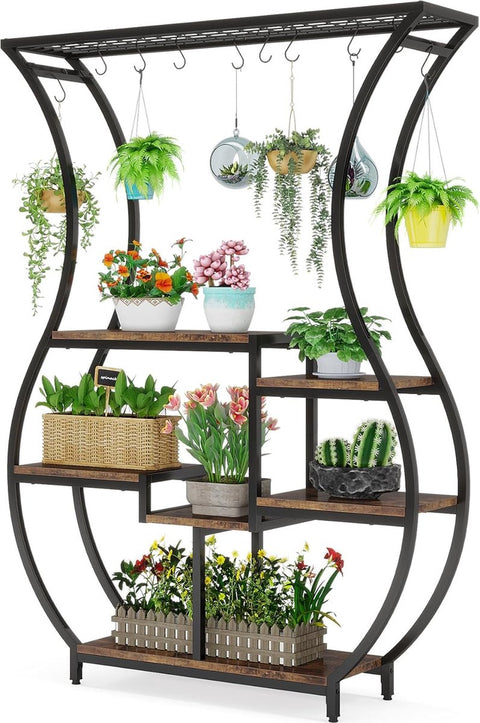 Plantenrek - Plantenstandaard - Plantenrek voor Binnen en Buiten - Plantenrek met 6 Niveaus en 10 S-haken - Rustiek Bruin/Zwart - 120 x 30 x 180 cm