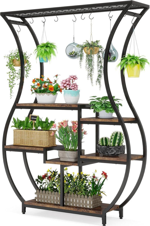 Plantenrek - Plantenstandaard - Plantenrek voor Binnen en Buiten - Plantenrek met 6 Niveaus en 10 S-haken - Rustiek Bruin/Zwart - 120 x 30 x 180 cm