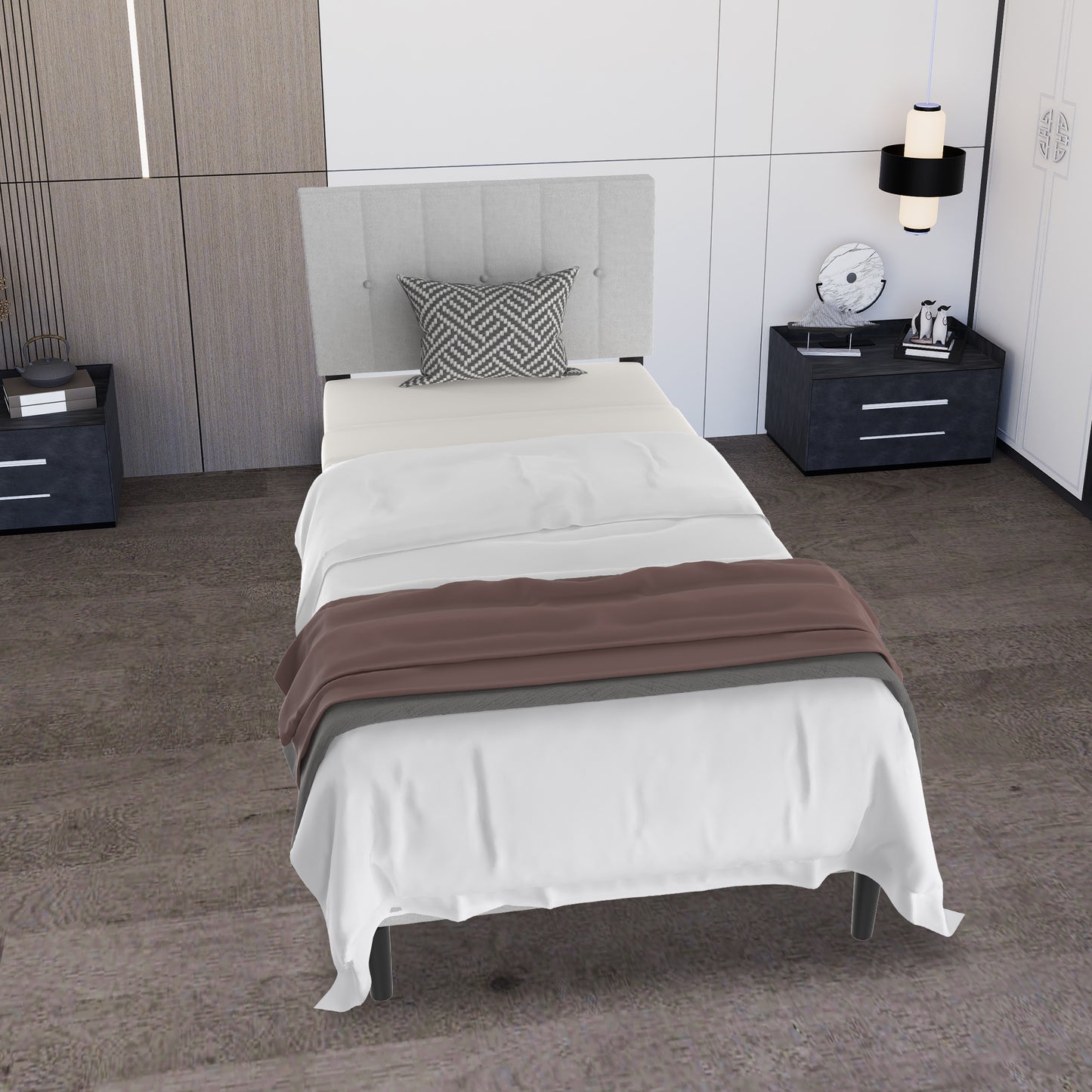 Linen Upholstered Bed Frame with Headboard and Slatted Metal Platform - Ideal Mattress Foundation in Dark Grey/Light Grey, Bedroom Furniture, Minimalist Bedroom, Classic Design, Easy Assembly, Modern Homeowners