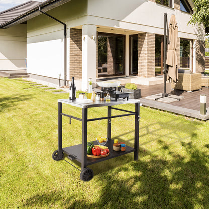 BBQ Werktafel – Barbecue Tafel – Grilltafel – Buitenkeuken Trolley – Werkbank Buiten – Roestvrijstalen Blad – Dubbele Plank – 85x55 cm – Verrijdbaar Met 2 Wielen
