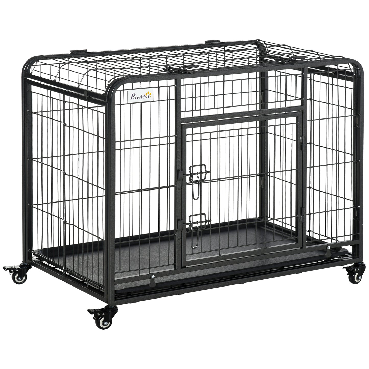 Hondenkooi – Hondenbench – Transportkooi – Draagkooi – Hondenkennel – Inklapbaar – Met Wieltjes – Dubbele Vergrendeling – Uitneembare Bodemlade – Voor Middelgrote Honden – Zwart Metaal – 94x58x69,5 cm