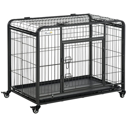 Hondenkooi – Hondenbench – Transportkooi – Draagkooi – Hondenkennel – Inklapbaar – Met Wieltjes – Dubbele Vergrendeling – Uitneembare Bodemlade – Voor Middelgrote Honden – Zwart Metaal – 94x58x69,5 cm