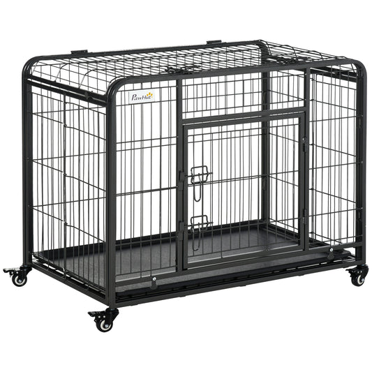 Hondenkooi – Hondenbench – Transportkooi – Draagkooi – Hondenkennel – Inklapbaar – Met Wieltjes – Dubbele Vergrendeling – Uitneembare Bodemlade – Voor Middelgrote Honden – Zwart Metaal – 94x58x69,5 cm
