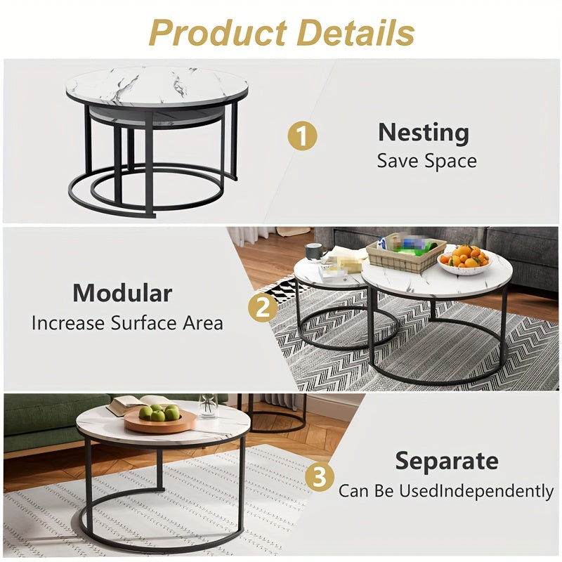 Salontafel – Bijzettafel – Woonkamertafel – Koffietafel – Tafel – Set van 2 Ronde Salontafels – Wit Marmerlook – Hoog Draagvermogen 80 kg & 50 kg – Space Saver