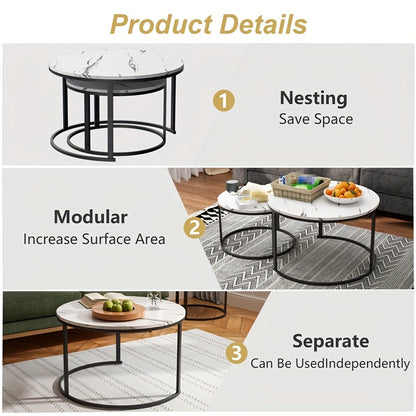 Salontafel – Bijzettafel – Woonkamertafel – Koffietafel – Tafel – Set van 2 Ronde Salontafels – Wit Marmerlook – Hoog Draagvermogen 80 kg & 50 kg – Space Saver
