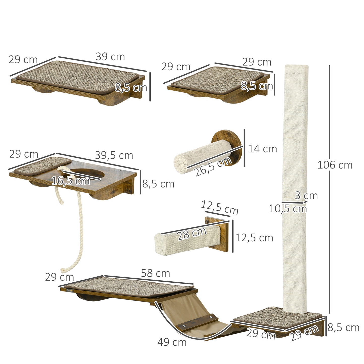 Krabpaal – Kattenkrabpaal – Kattenhuis – Kattenboom – Kattenmeubel – Duurzaam Materiaal – 8-delige Kattentrap Set Bruin/Crème Wit