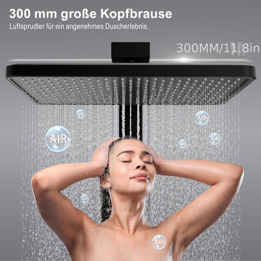 Douchekraan – Doucheset – Douchemengkraan – Thermostaatkraan – Handdouche – Matte Zwarte Afwerking – Thermostaat Met Glazen Plank – 3 Spraystanden Handdouche
