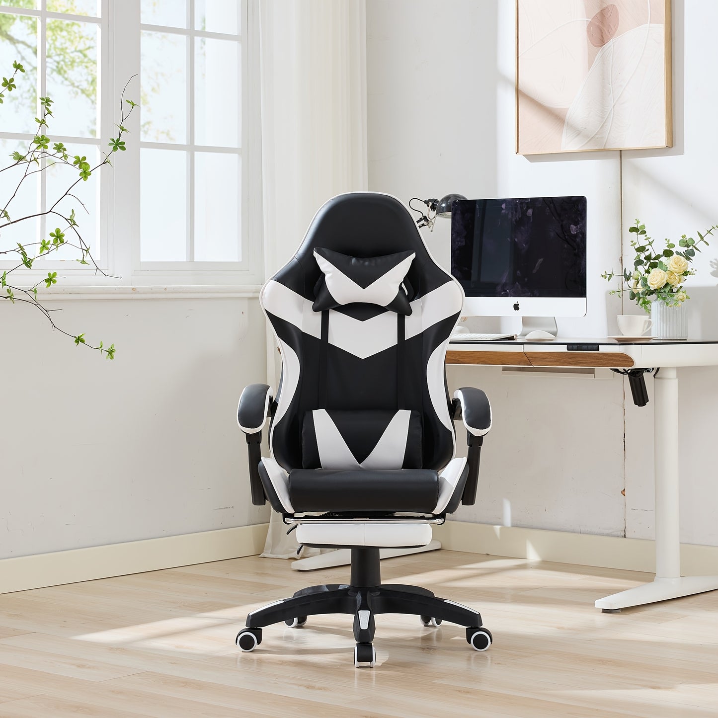 360° Rotating Racing Car Design Lounge Chair, Gaming Chair, High-back Office Chair, Height Adjustable, with Wheels, Footrest, Headrest And Lumbar Support.