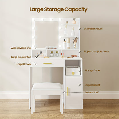 Make-uptafel – Kaptafel – Schminktafel – Dressoir – Vanity – Wit – Met Spiegel en 10 LED Lampjes – 3 Verstelbare Helderniveaus – Veel Opbergruimte met Lade en Kastje