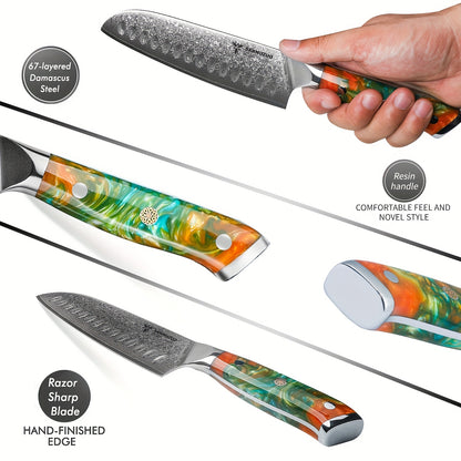 Keukenmessen – Messenset – Broodmes – Santokumes – Koksmes – VG10 Damascus Staal – Resin Handvat – 3-delig – Oranje