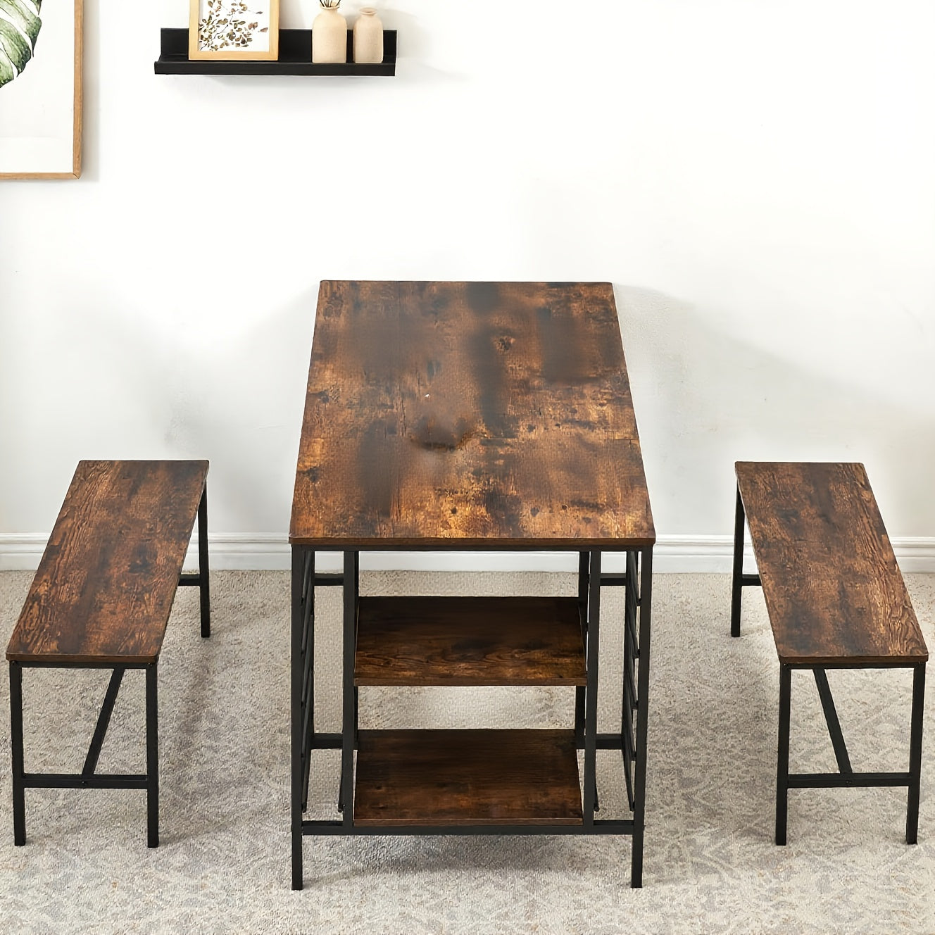 Eettafelset – Tafel met Banken – Eettafel 4 Personen – Compacte Tafelset – Multifunctionele Tafel – Inclusief Wijnrek & Opbergruimte – Rustiek Design – Bruin