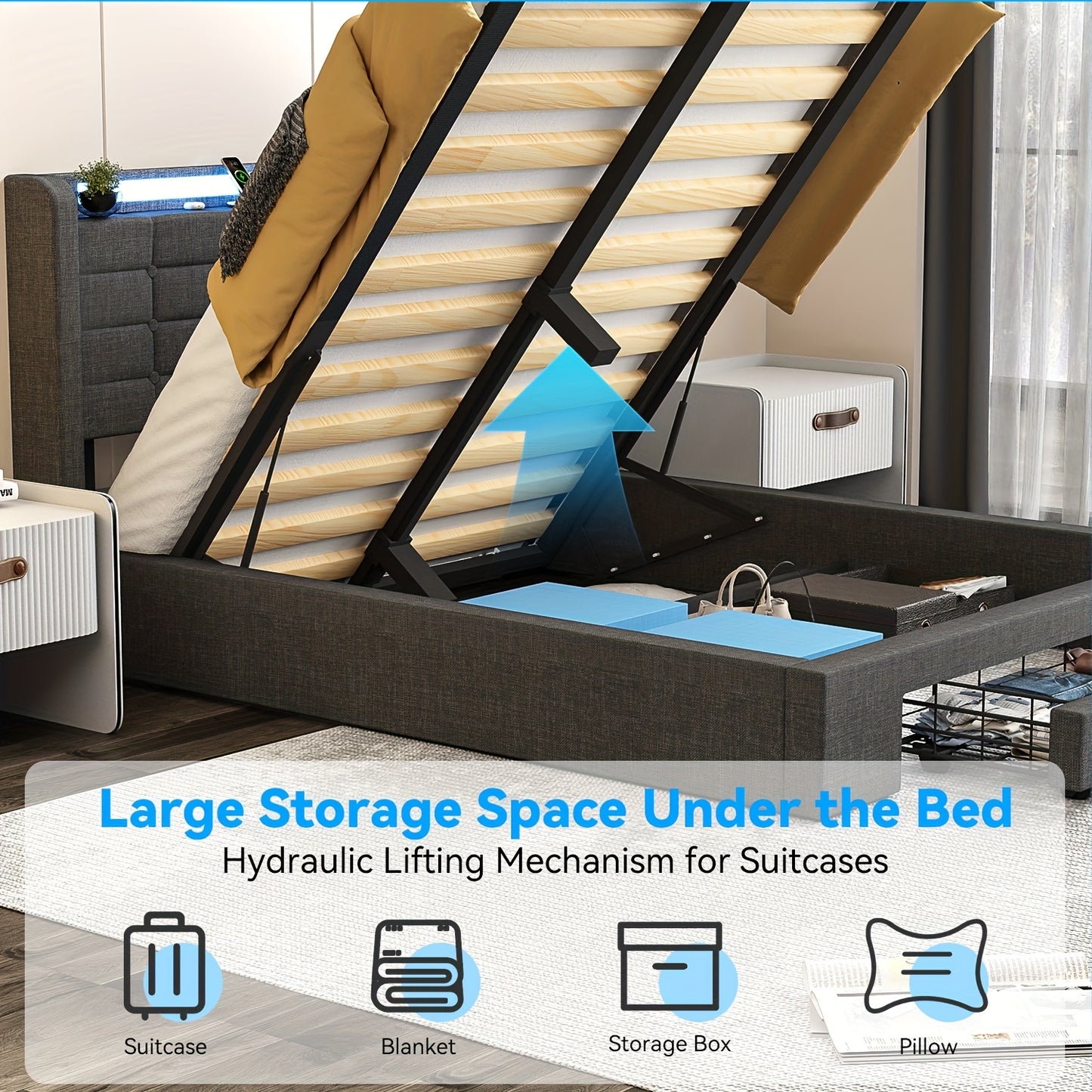 Opbergbed – Gestoffeerd Bed – Opbergbedden – Moderne Slaapbank – Opklapbed – Hydraulische Lift – LED Verlichting – 160x200 cm – Linnen Hoofdbord – Metaal Frame - Grijs