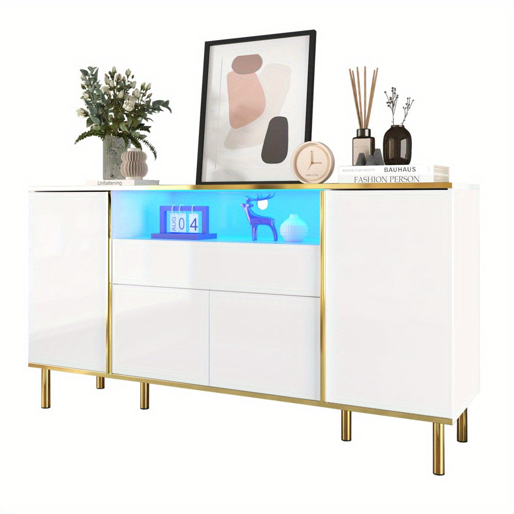 Dressoir – Sideboard – Kast – Opbergmeubel – Ladekast – Hoogglans Wit Met Gouden Accenten – 4 Deuren En 1 Lade – Ruime Opbergruimte – Compact Formaat 59x31x75 cm