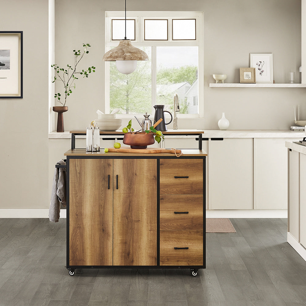 Keukenkast – Keukeneiland – Buffetkast – Opbergkast – Keukenmeubel – Hout – Met 3 Laden & 2 Deuren – Met Wielen & Handdoekhouder – 113x69x106 cm
