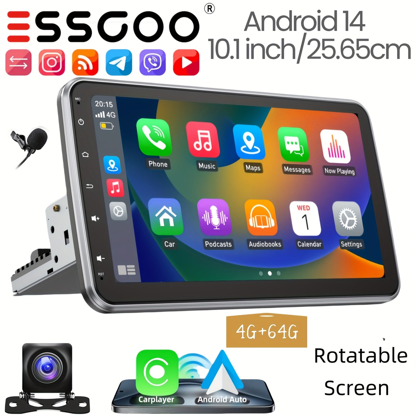 10,1 Inch Auto Radio – Car Stereo – Multimedia Systeem – Android Autoradio – Single DIN Auto Headunit – Draaibaar Touchscreen – Split Screen Functie – Draadloze CarPlay & Android Auto